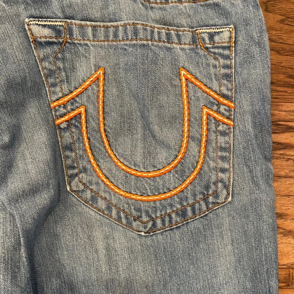 True Religion Straight Leg Jeans Mens 36 Blue Orange Stitching Made in USA